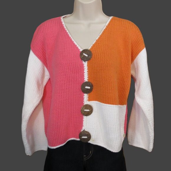 Pure Handknit Cardigan Sweater Pink/Orange/White Long Sleeve Size Large Petite - Picture 1 of 9